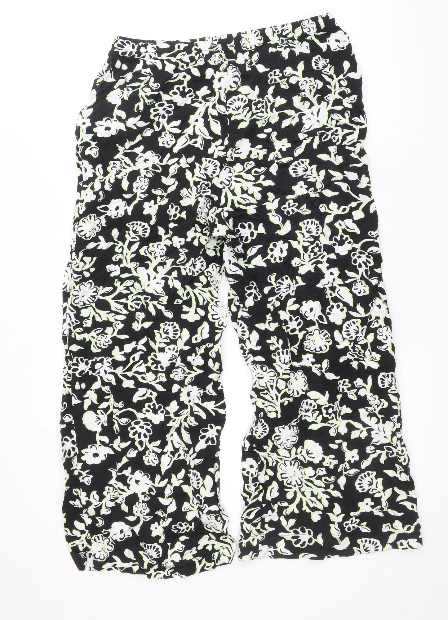 Marks and Spencer Womens Black Floral Viscose Trousers Size 12 Regular Drawstring