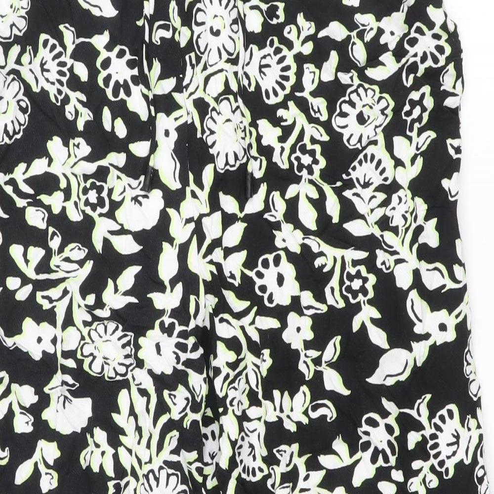 Marks and Spencer Womens Black Floral Viscose Trousers Size 12 Regular Drawstring