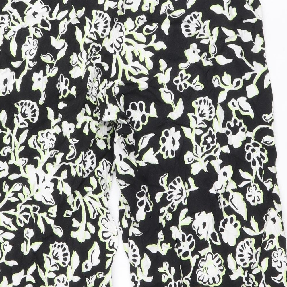 Marks and Spencer Womens Black Floral Viscose Trousers Size 12 Regular Drawstring