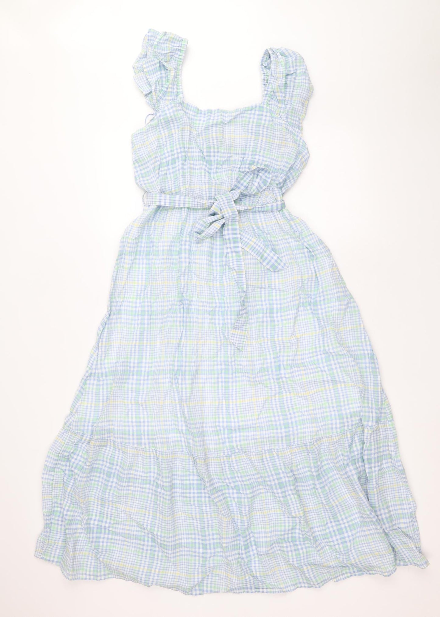 Marks and Spencer Womens Blue Plaid 100% Cotton Fit & Flare Size 12 Square Neck Pullover