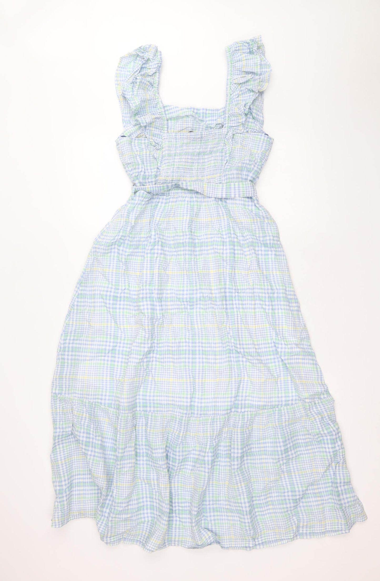 Marks and Spencer Womens Blue Plaid 100% Cotton Fit & Flare Size 12 Square Neck Pullover