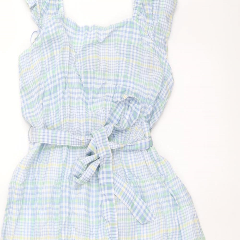Marks and Spencer Womens Blue Plaid 100% Cotton Fit & Flare Size 12 Square Neck Pullover