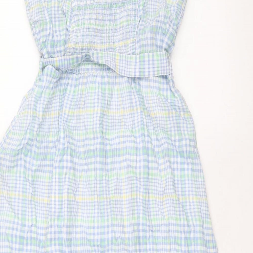 Marks and Spencer Womens Blue Plaid 100% Cotton Fit & Flare Size 12 Square Neck Pullover
