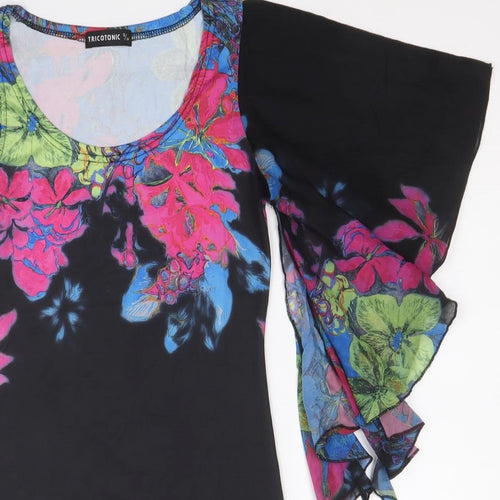 Tricotonic Womens Black Floral Viscose Mini Size S Scoop Neck Pullover