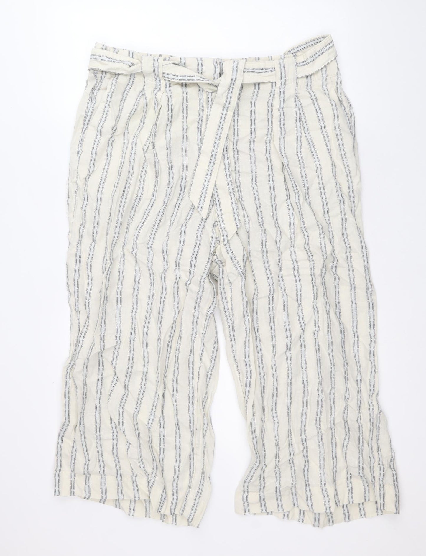 Marks and Spencer Womens Beige Striped Linen Trousers Size 18 Regular Zip