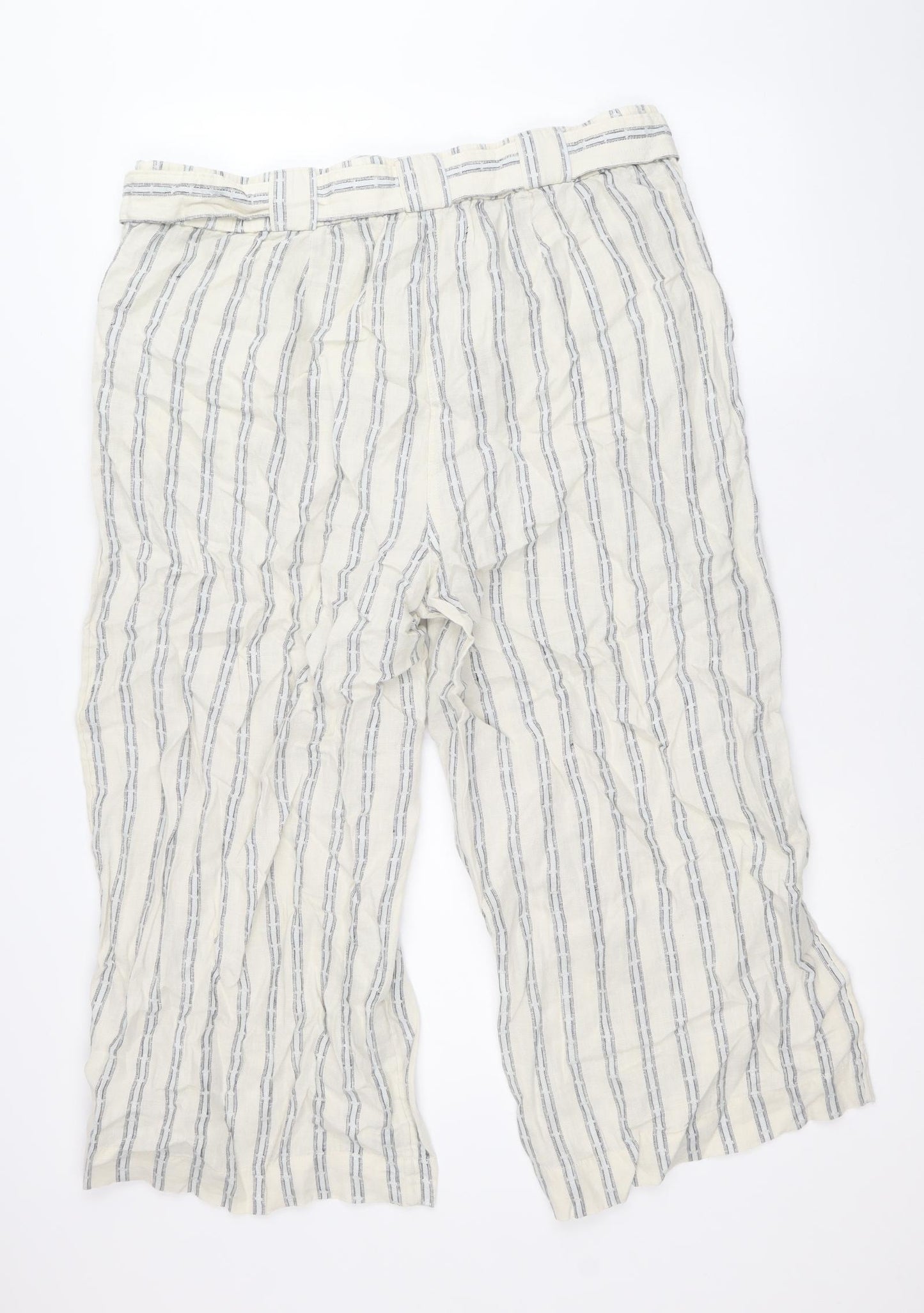 Marks and Spencer Womens Beige Striped Linen Trousers Size 18 Regular Zip