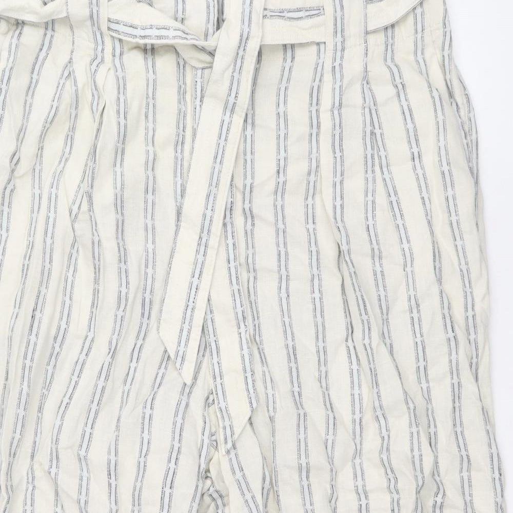 Marks and Spencer Womens Beige Striped Linen Trousers Size 18 Regular Zip