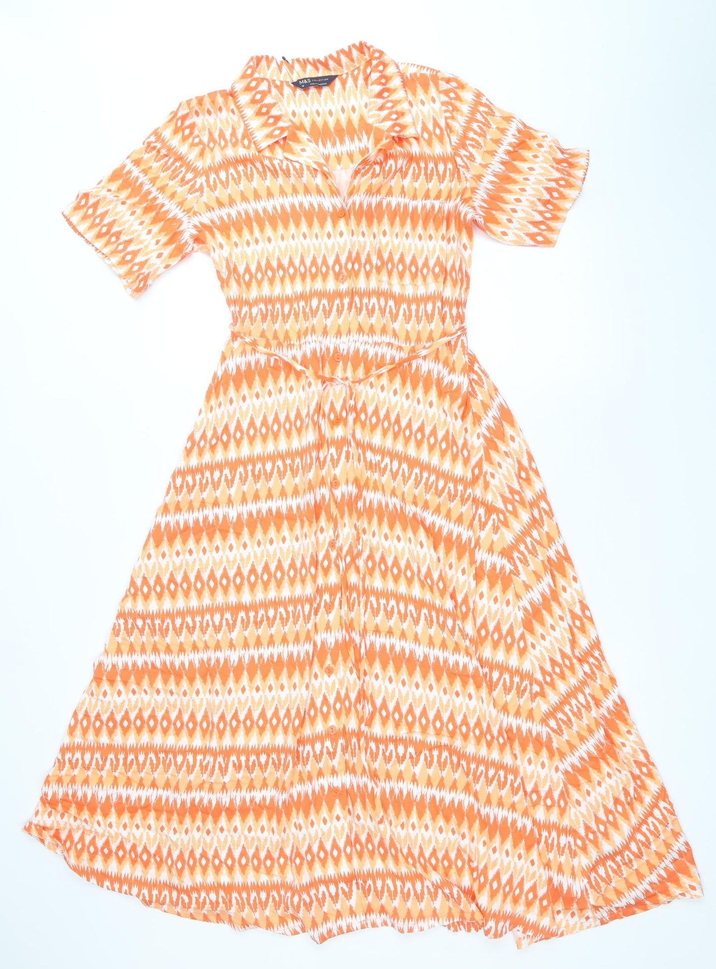 Marks and Spencer Womens Orange Geometric Viscose Shirt Dress Size 10 Collared Button