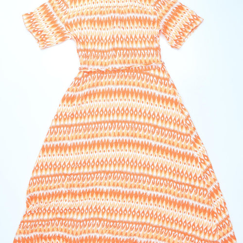 Marks and Spencer Womens Orange Geometric Viscose Shirt Dress Size 10 Collared Button