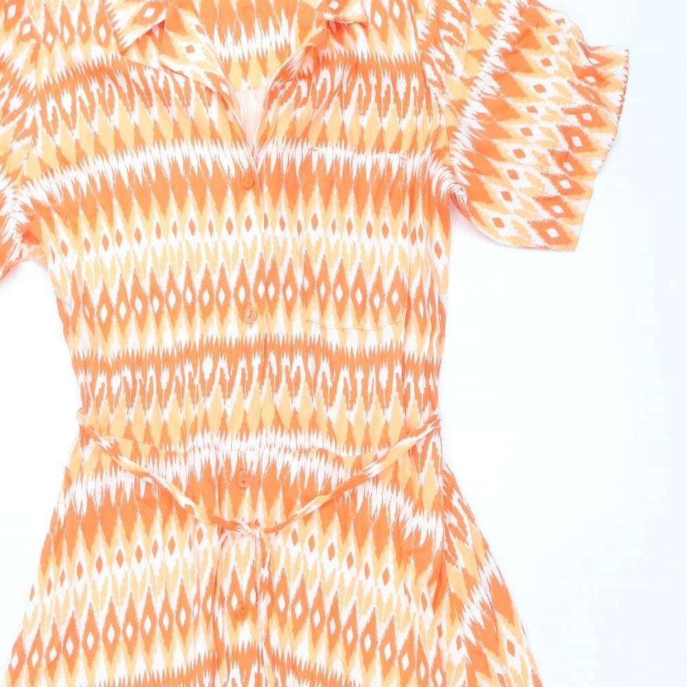 Marks and Spencer Womens Orange Geometric Viscose Shirt Dress Size 10 Collared Button