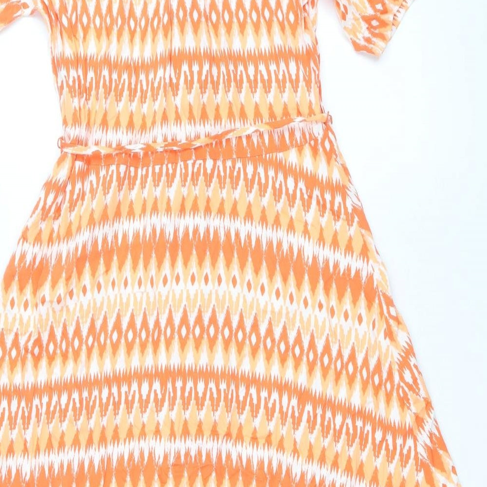 Marks and Spencer Womens Orange Geometric Viscose Shirt Dress Size 10 Collared Button