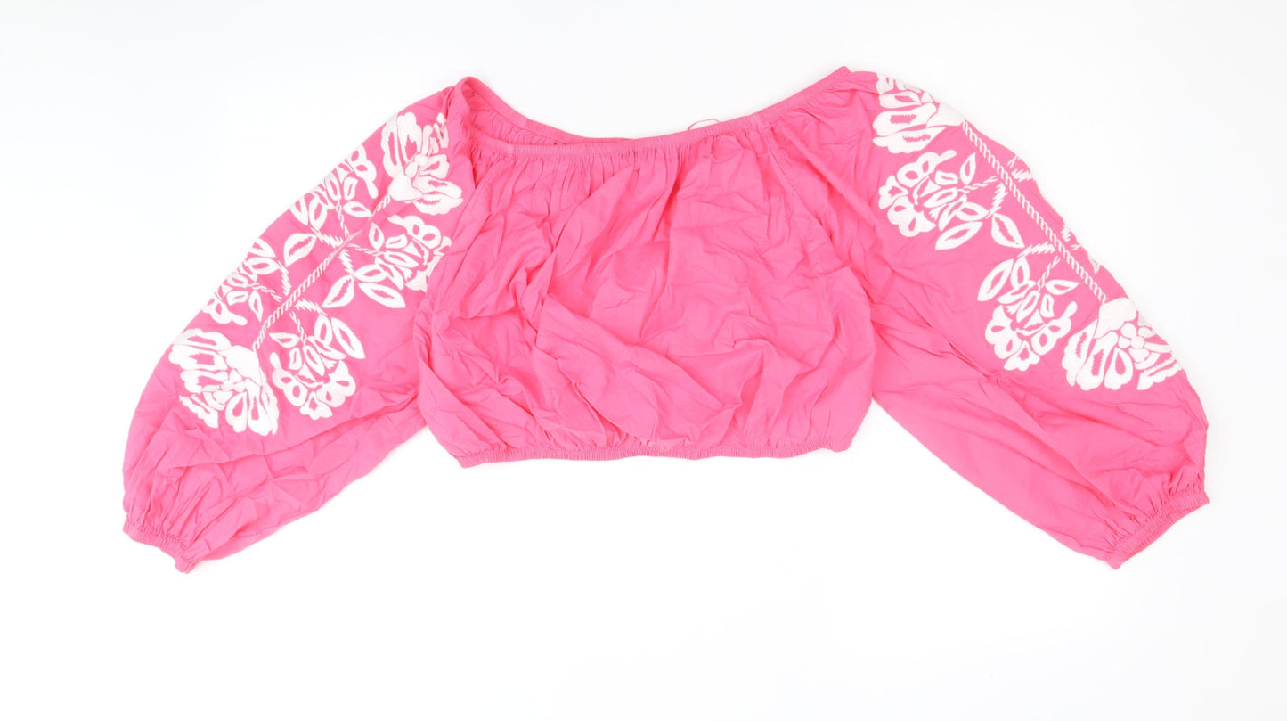 Marks and Spencer Womens Pink 100% Cotton Cropped Blouse Size 16 Boat Neck - Flower Detail