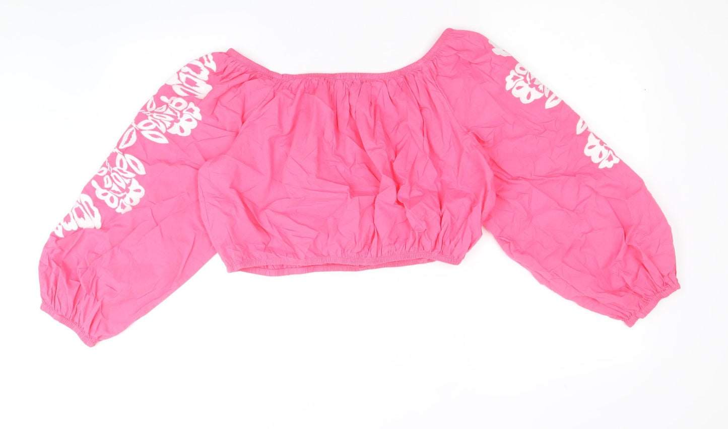 Marks and Spencer Womens Pink 100% Cotton Cropped Blouse Size 16 Boat Neck - Flower Detail