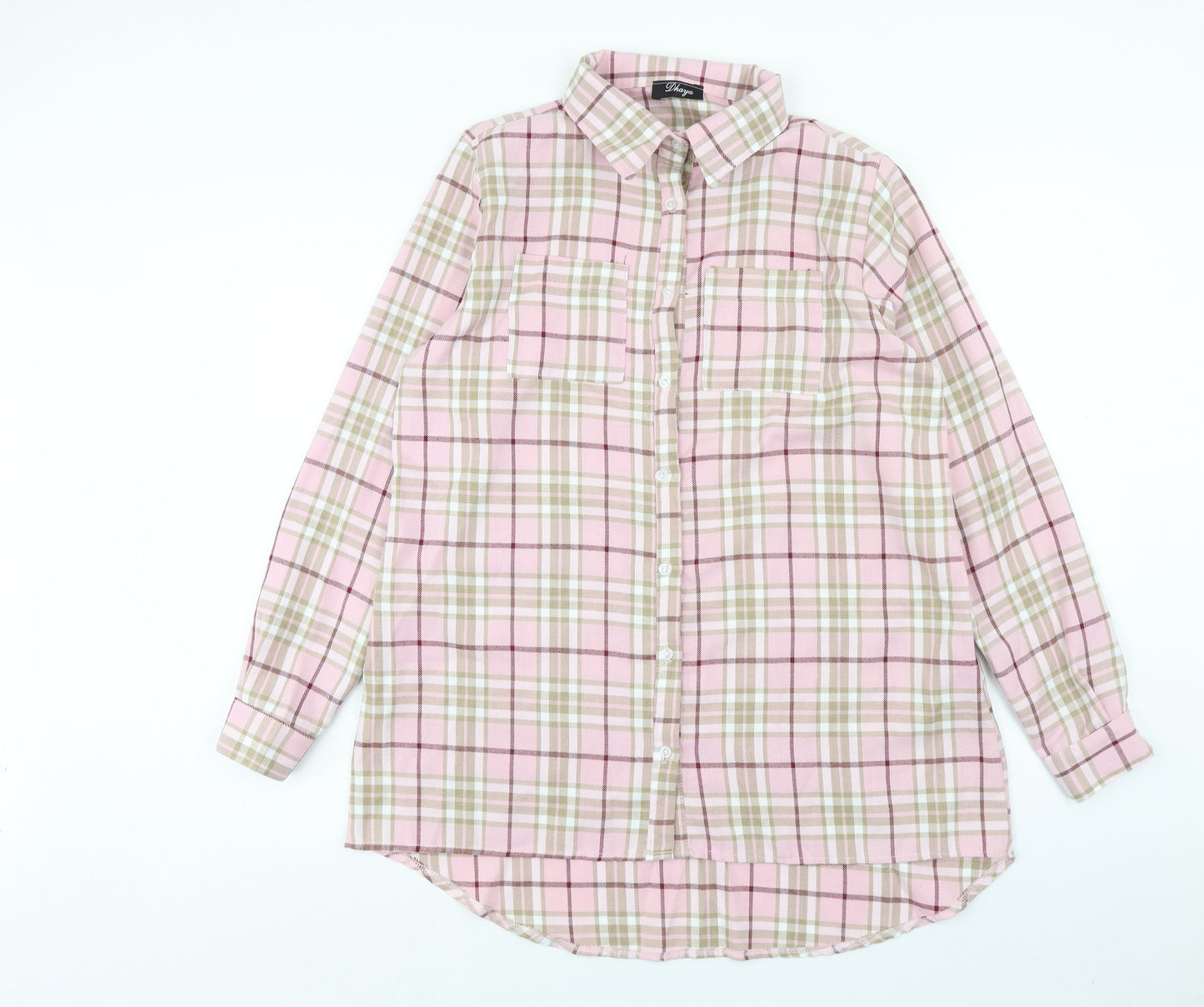 Dyhaya Womens Pink Plaid Polyester Shirt Dress Size 14 Collared Button
