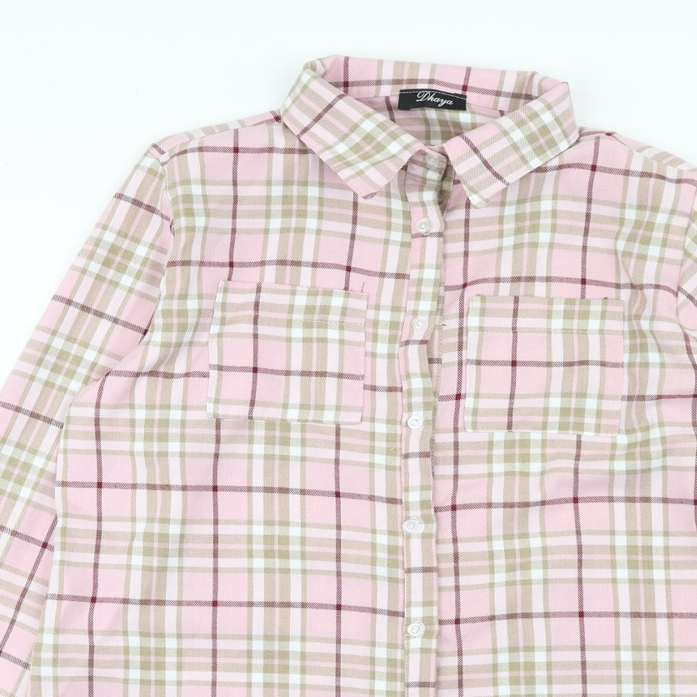 Dyhaya Womens Pink Plaid Polyester Shirt Dress Size 14 Collared Button