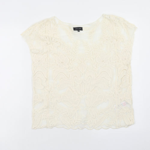 New Look Womens Ivory Floral Nylon Basic Blouse Size M Boat Neck