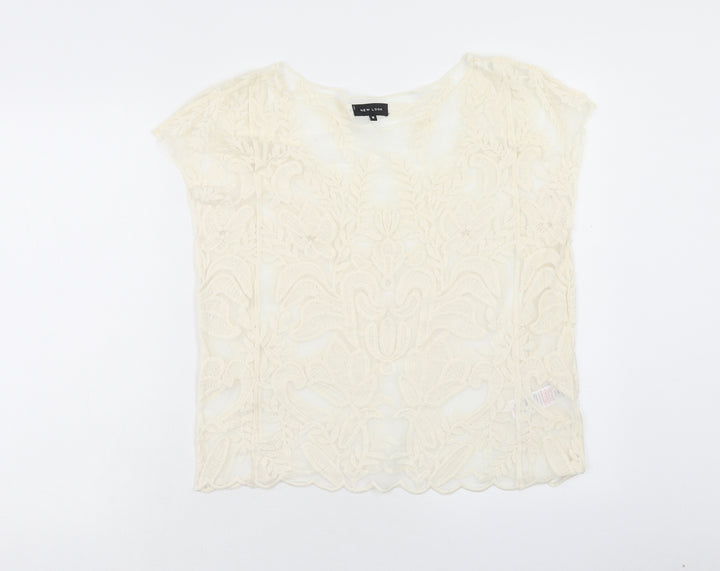 New Look Womens Ivory Floral Nylon Basic Blouse Size M Boat Neck