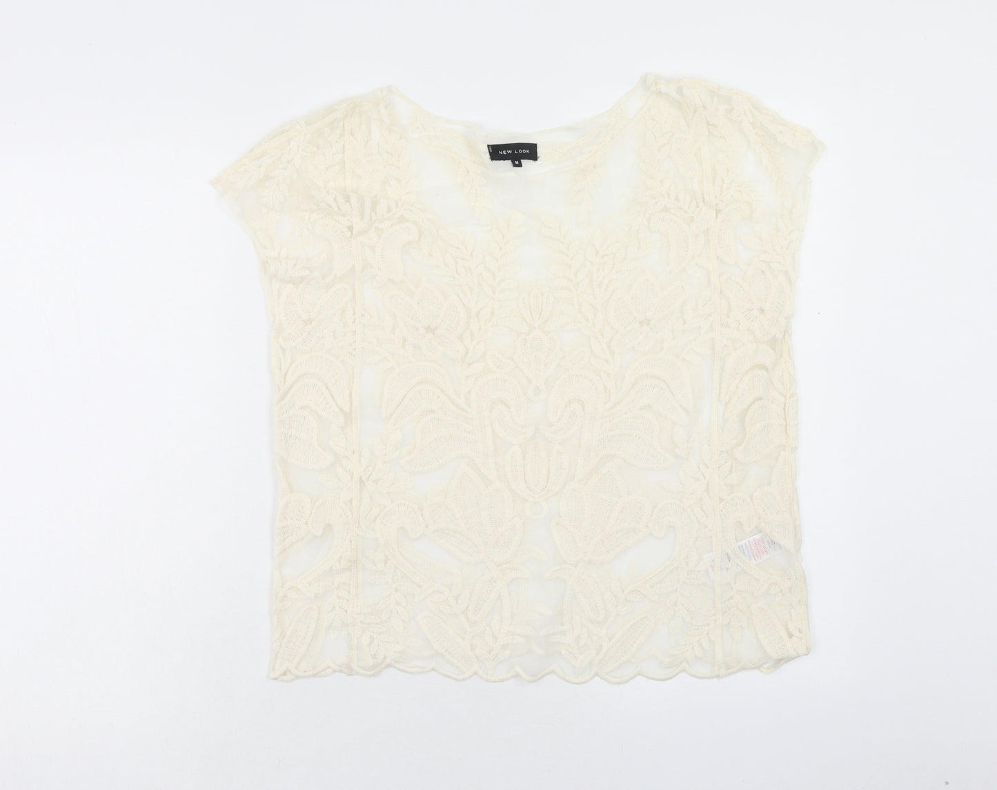 New Look Womens Ivory Floral Nylon Basic Blouse Size M Boat Neck