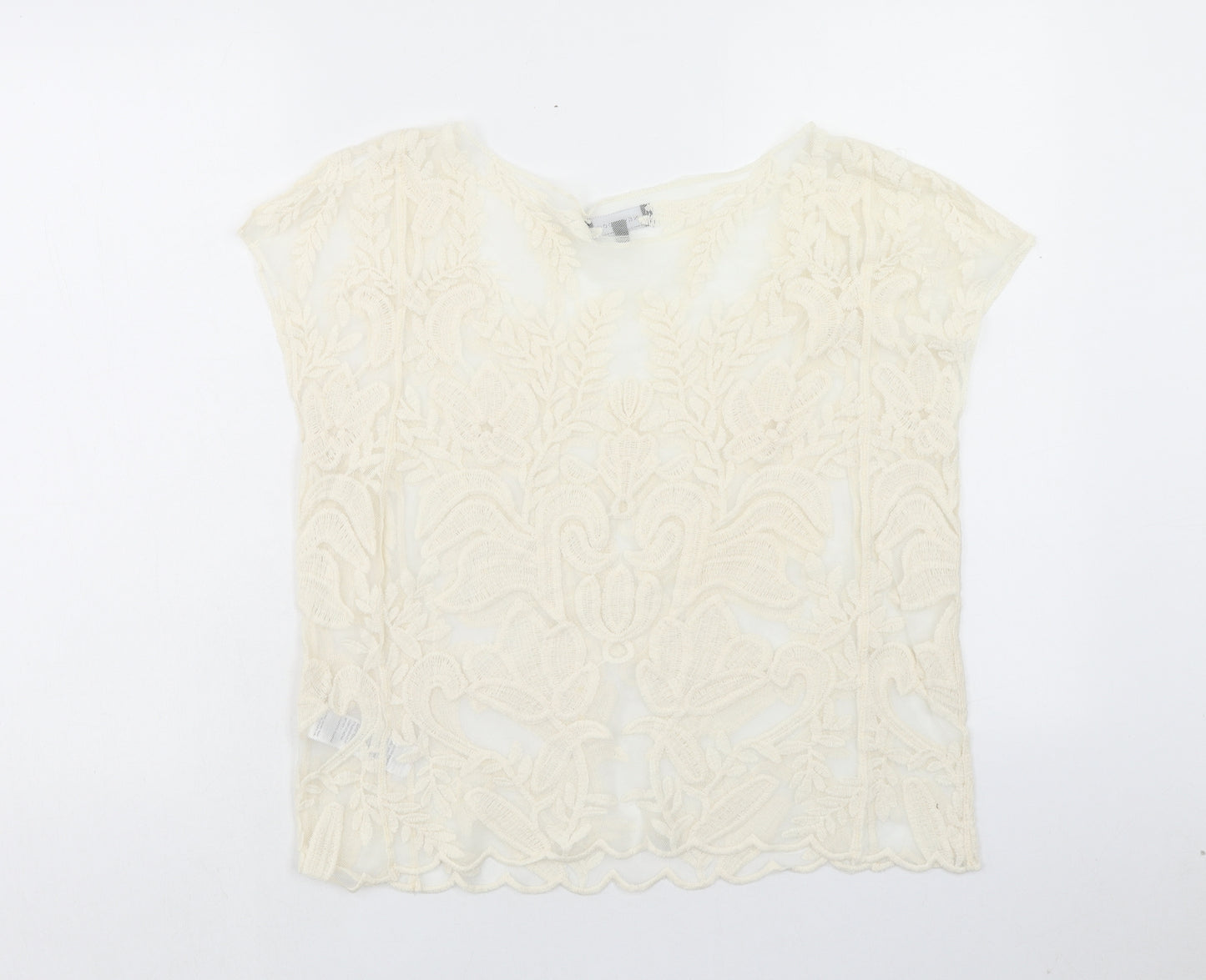 New Look Womens Ivory Floral Nylon Basic Blouse Size M Boat Neck