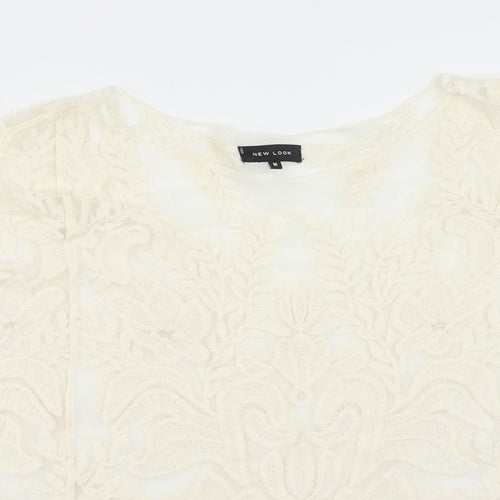 New Look Womens Ivory Floral Nylon Basic Blouse Size M Boat Neck