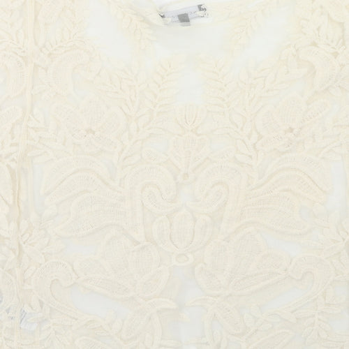 New Look Womens Ivory Floral Nylon Basic Blouse Size M Boat Neck