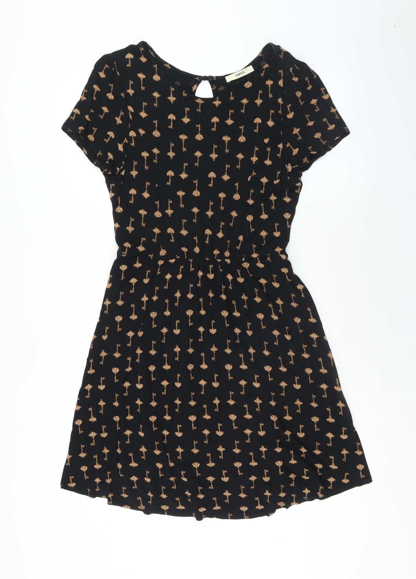 Oasis Womens Black Geometric Viscose Fit & Flare Size L Boat Neck Button - Key Pattern
