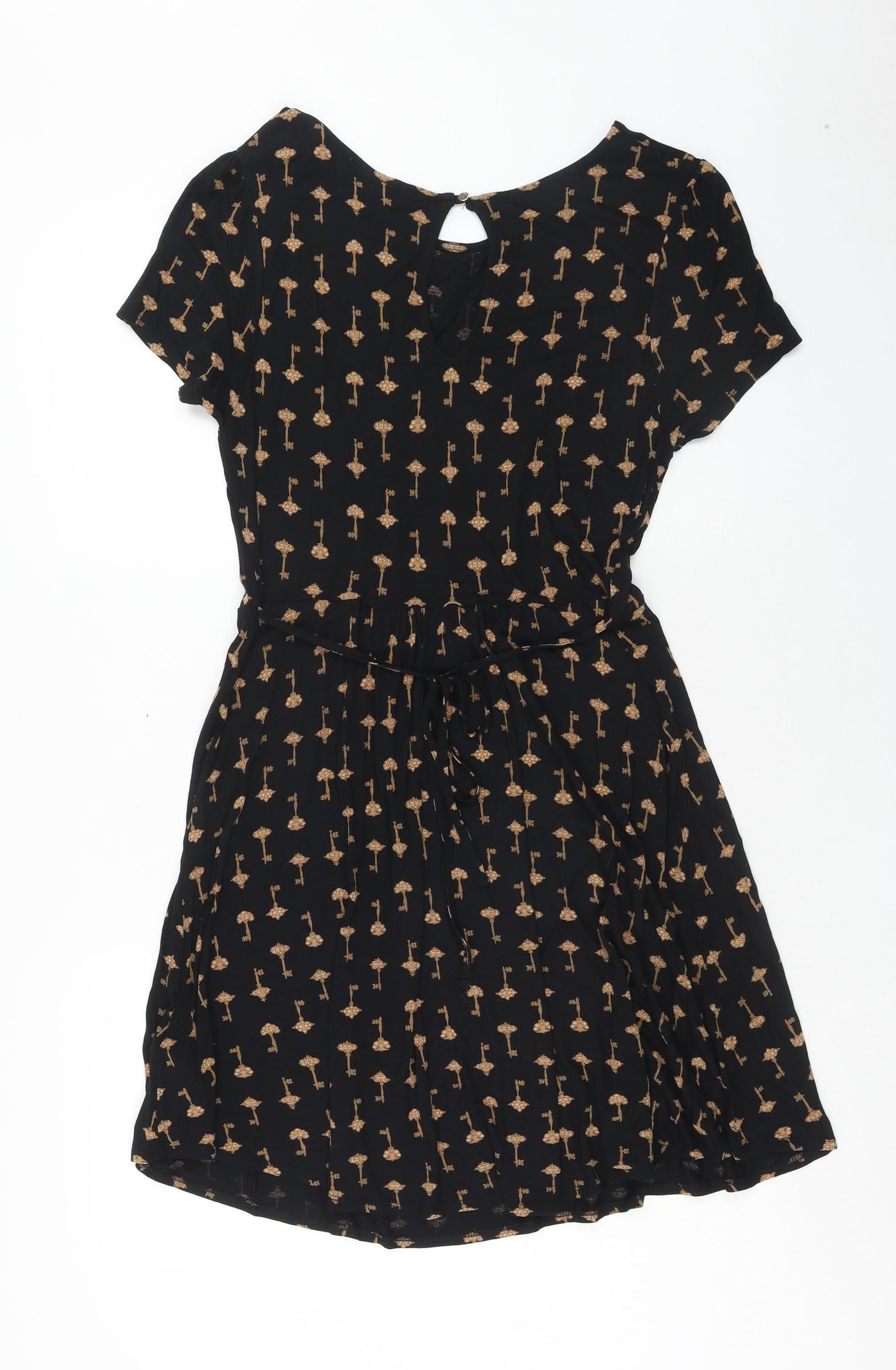 Oasis Womens Black Geometric Viscose Fit & Flare Size L Boat Neck Button - Key Pattern