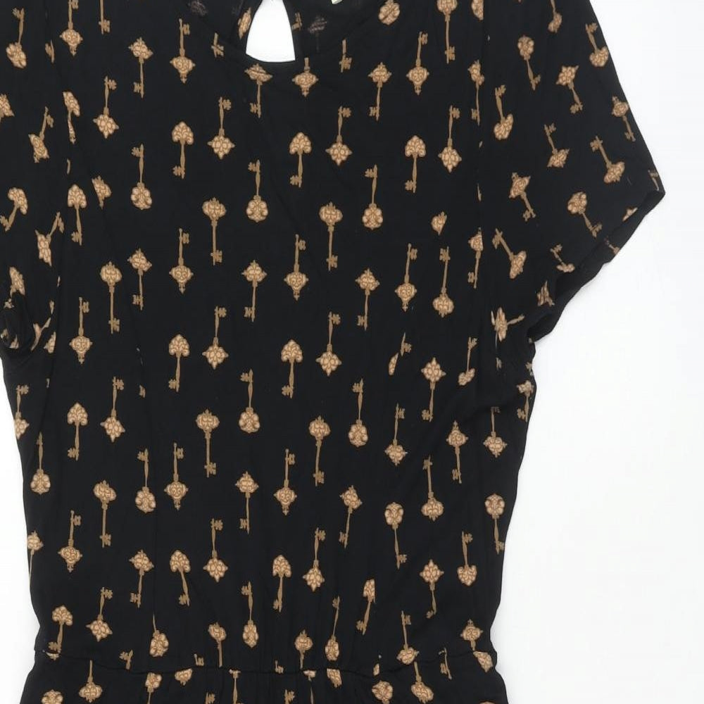 Oasis Womens Black Geometric Viscose Fit & Flare Size L Boat Neck Button - Key Pattern