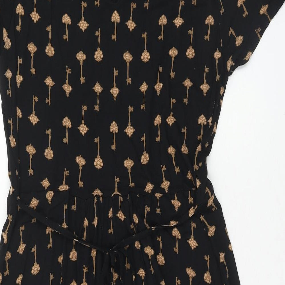 Oasis Womens Black Geometric Viscose Fit & Flare Size L Boat Neck Button - Key Pattern