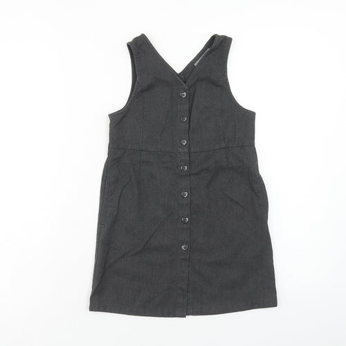 NEXT Girls Grey Polyester Pinafore/Dungaree Dress Size 6 Years V-Neck Button