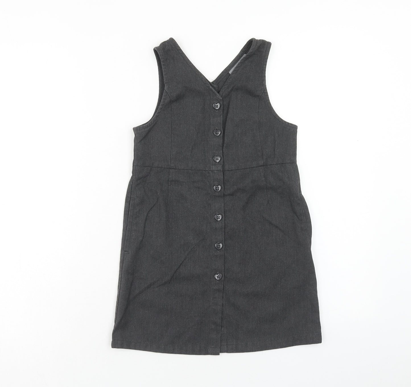 NEXT Girls Grey Polyester Pinafore/Dungaree Dress Size 6 Years V-Neck Button