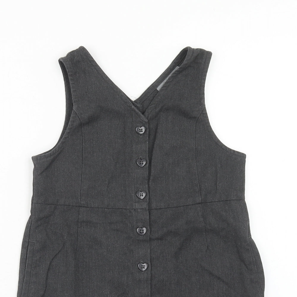 NEXT Girls Grey Polyester Pinafore/Dungaree Dress Size 6 Years V-Neck Button
