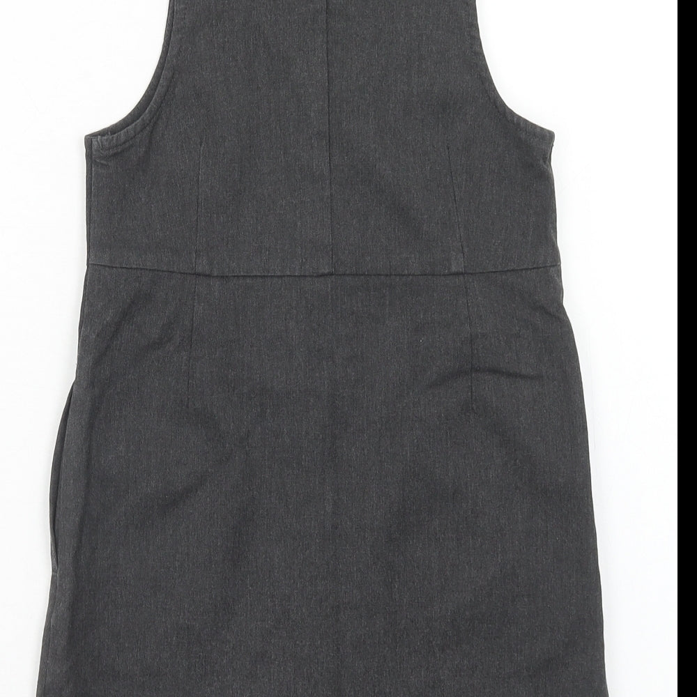 NEXT Girls Grey Polyester Pinafore/Dungaree Dress Size 6 Years V-Neck Button