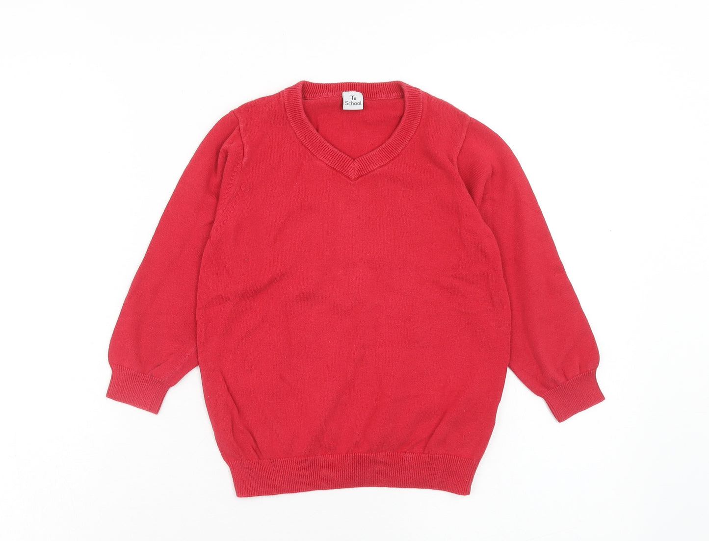 TU Boys Red V-Neck Cotton Pullover Jumper Size 6 Years Pullover