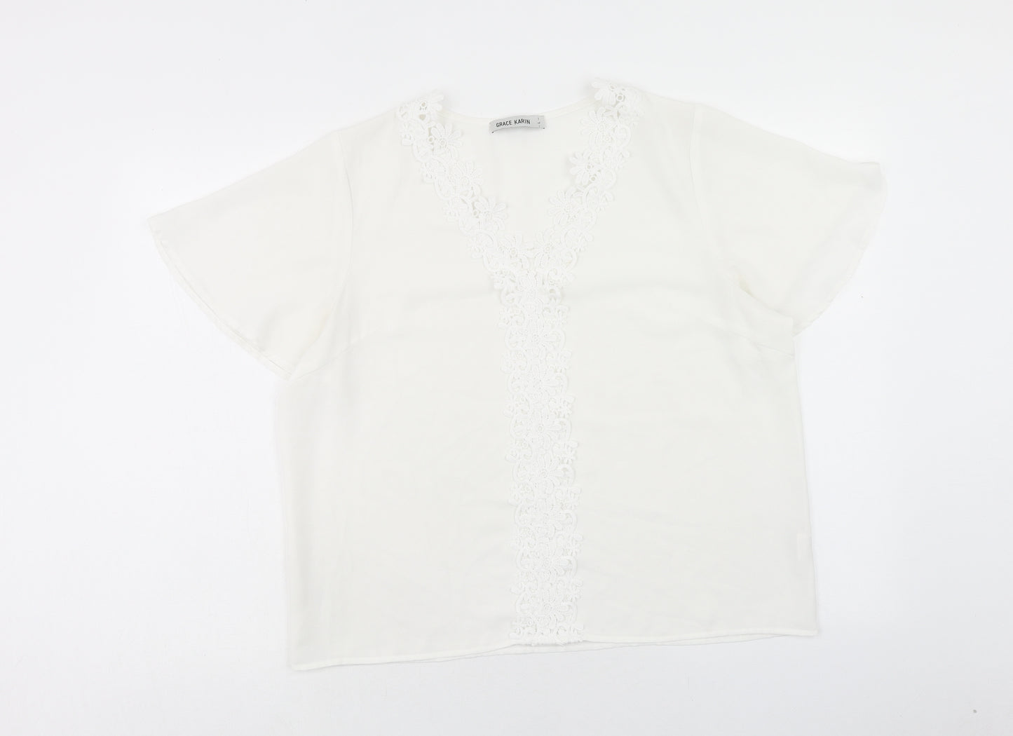 Grace Karin Womens White Polyester Basic T-Shirt Size L V-Neck