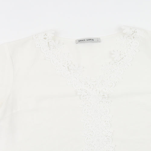 Grace Karin Womens White Polyester Basic T-Shirt Size L V-Neck