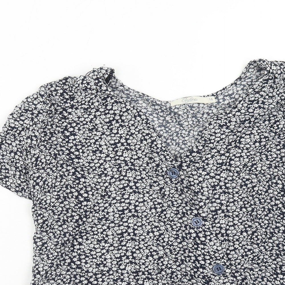 Onfire Womens Blue Floral Viscose Basic Blouse Size 14 V-Neck