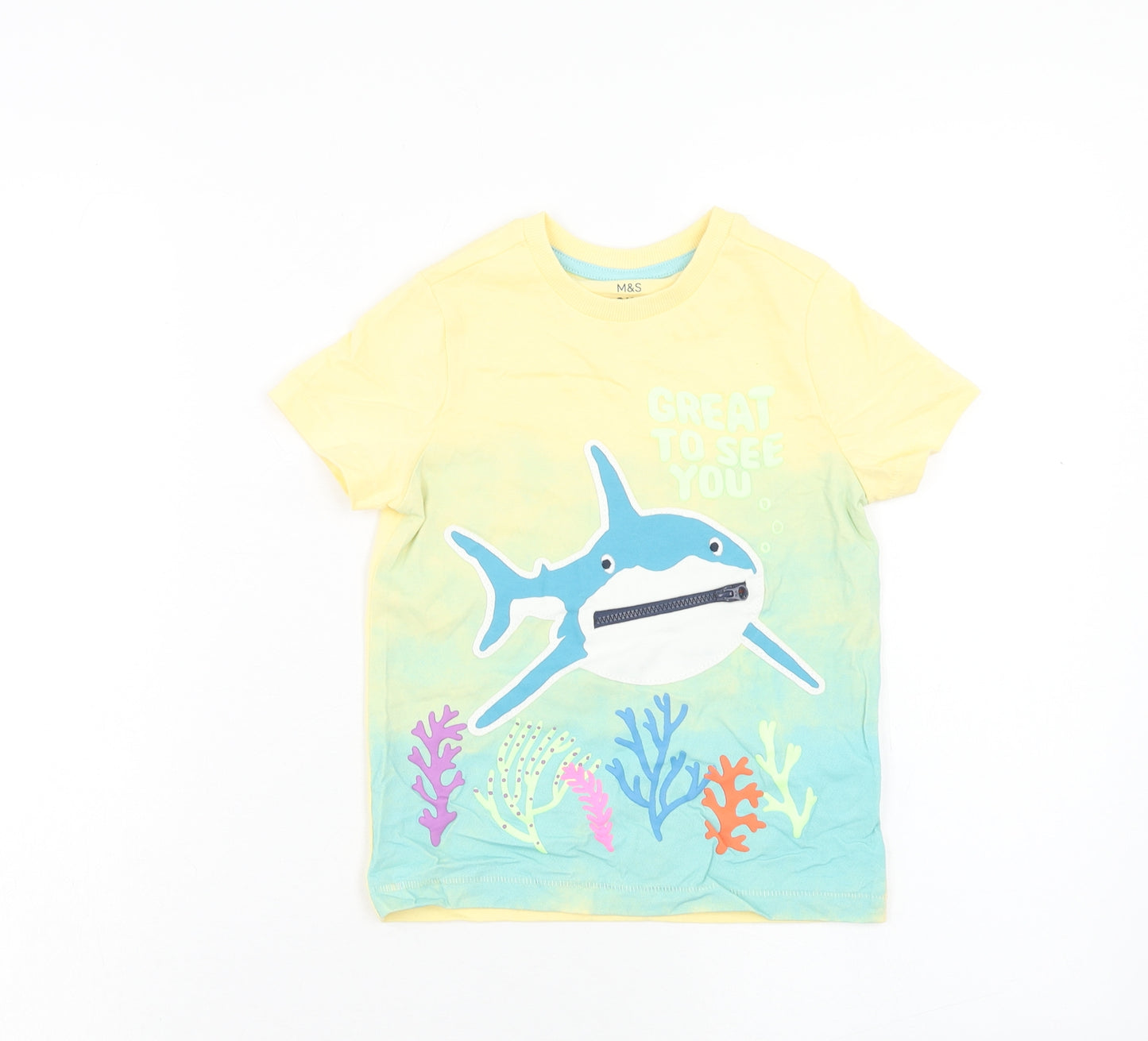 Marks and Spencer Boys Yellow Cotton Basic T-Shirt Size 4-5 Years Round Neck Pullover - Shark