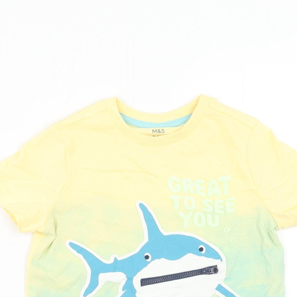 Marks and Spencer Boys Yellow Cotton Basic T-Shirt Size 4-5 Years Round Neck Pullover - Shark