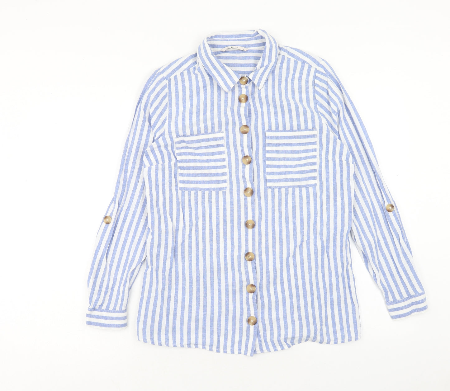 TU Womens Blue Striped Cotton Basic Button-Up Size 14 Collared