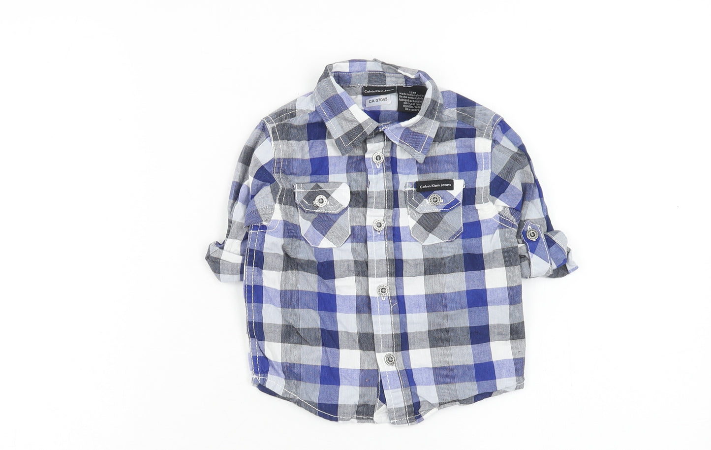 Calvin Klein Boys Blue Geometric Cotton Basic Button-Up Size 12 Months V-Neck Button