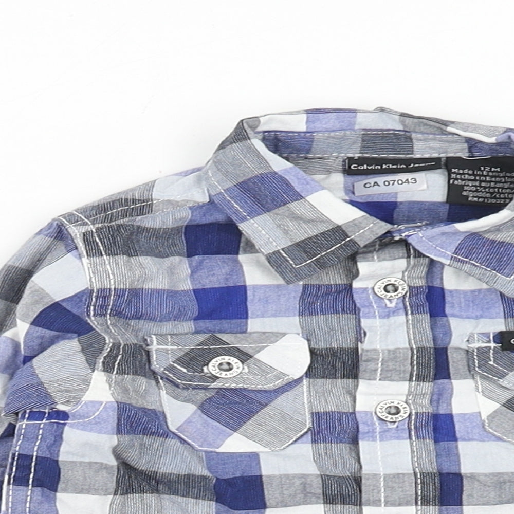 Calvin Klein Boys Blue Geometric Cotton Basic Button-Up Size 12 Months V-Neck Button