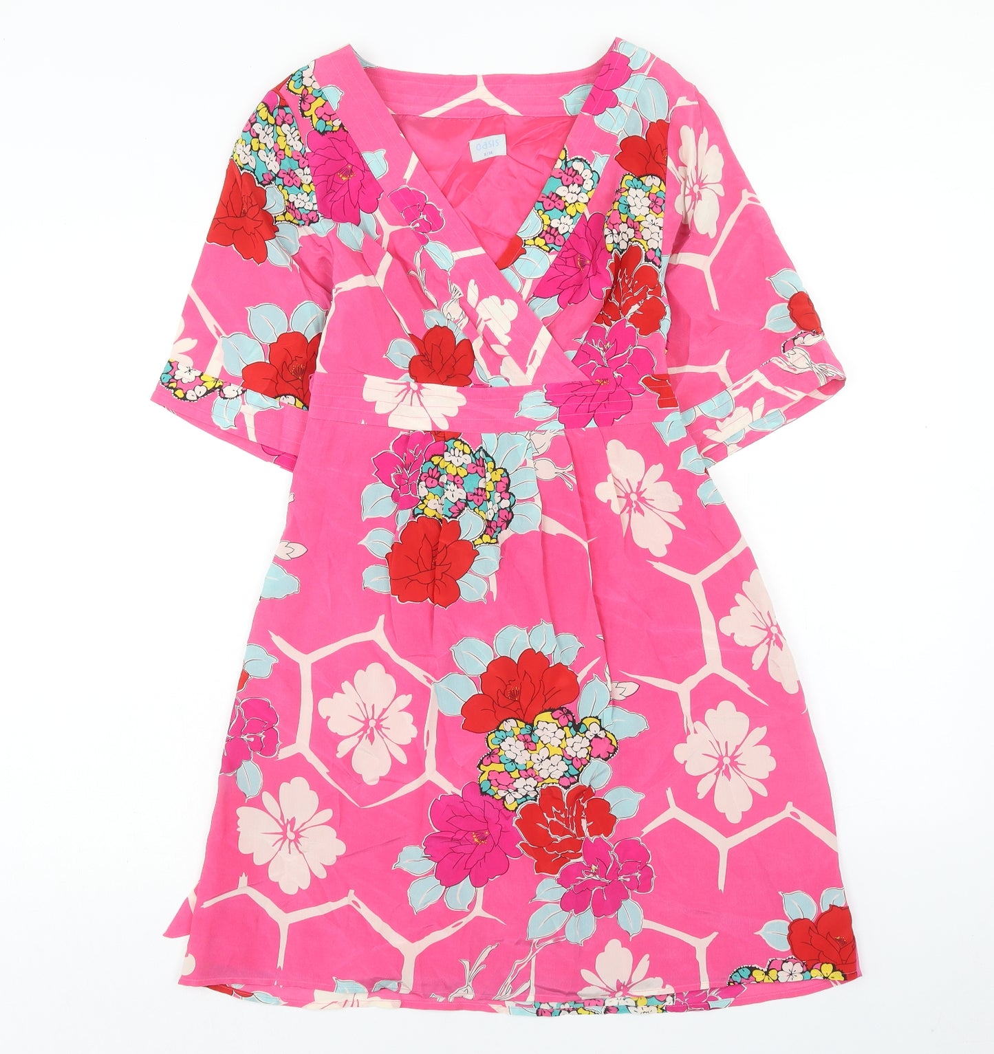 Oasis Womens Pink Floral Silk A-Line Size 8 V-Neck Zip