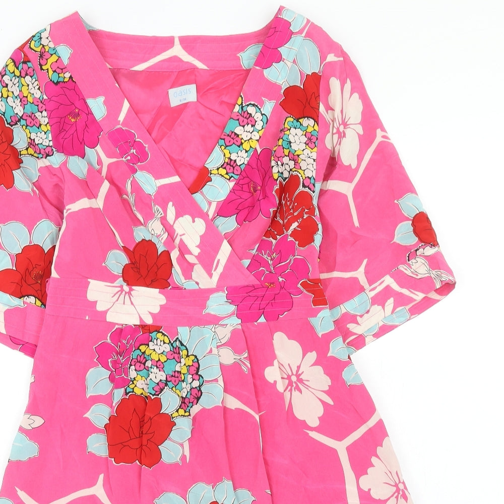 Oasis Womens Pink Floral Silk A-Line Size 8 V-Neck Zip