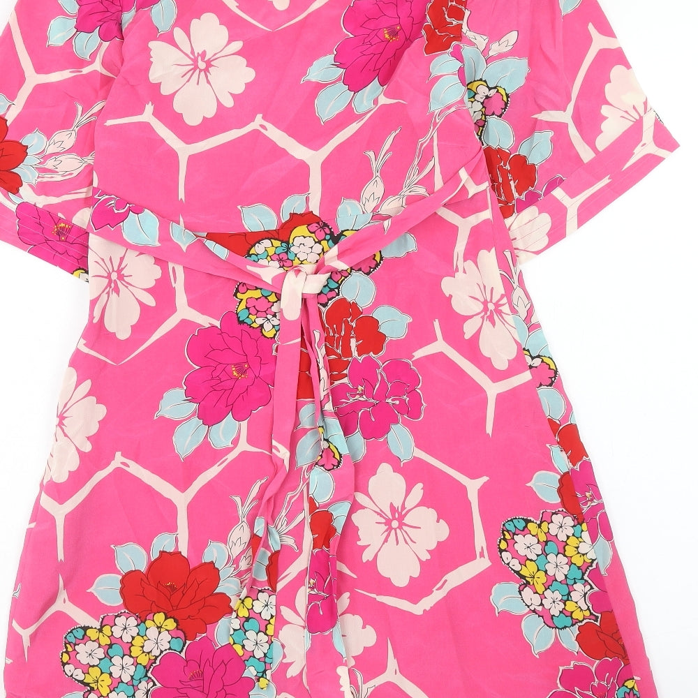 Oasis Womens Pink Floral Silk A-Line Size 8 V-Neck Zip