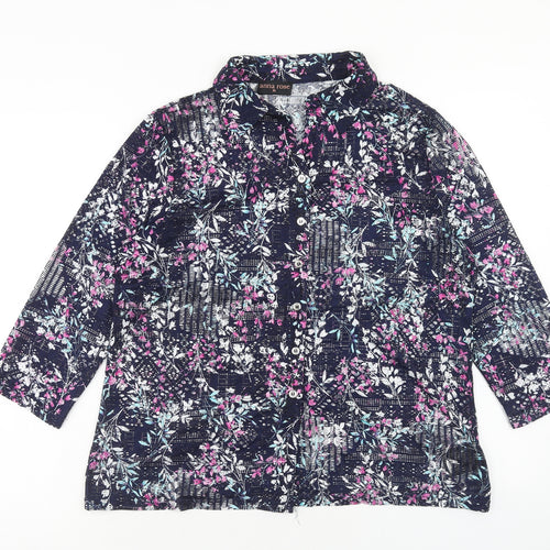 Anna Rose Womens Blue Geometric Polyester Basic Button-Up Size XL V-Neck