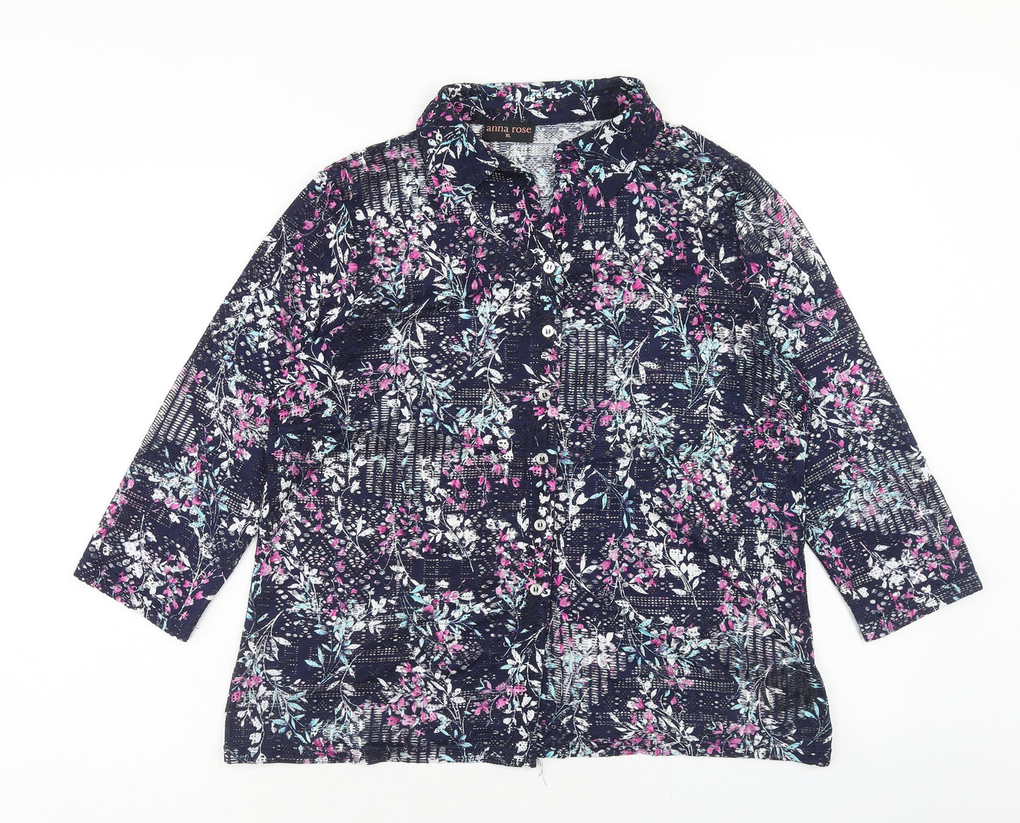 Anna Rose Womens Blue Geometric Polyester Basic Button-Up Size XL V-Neck