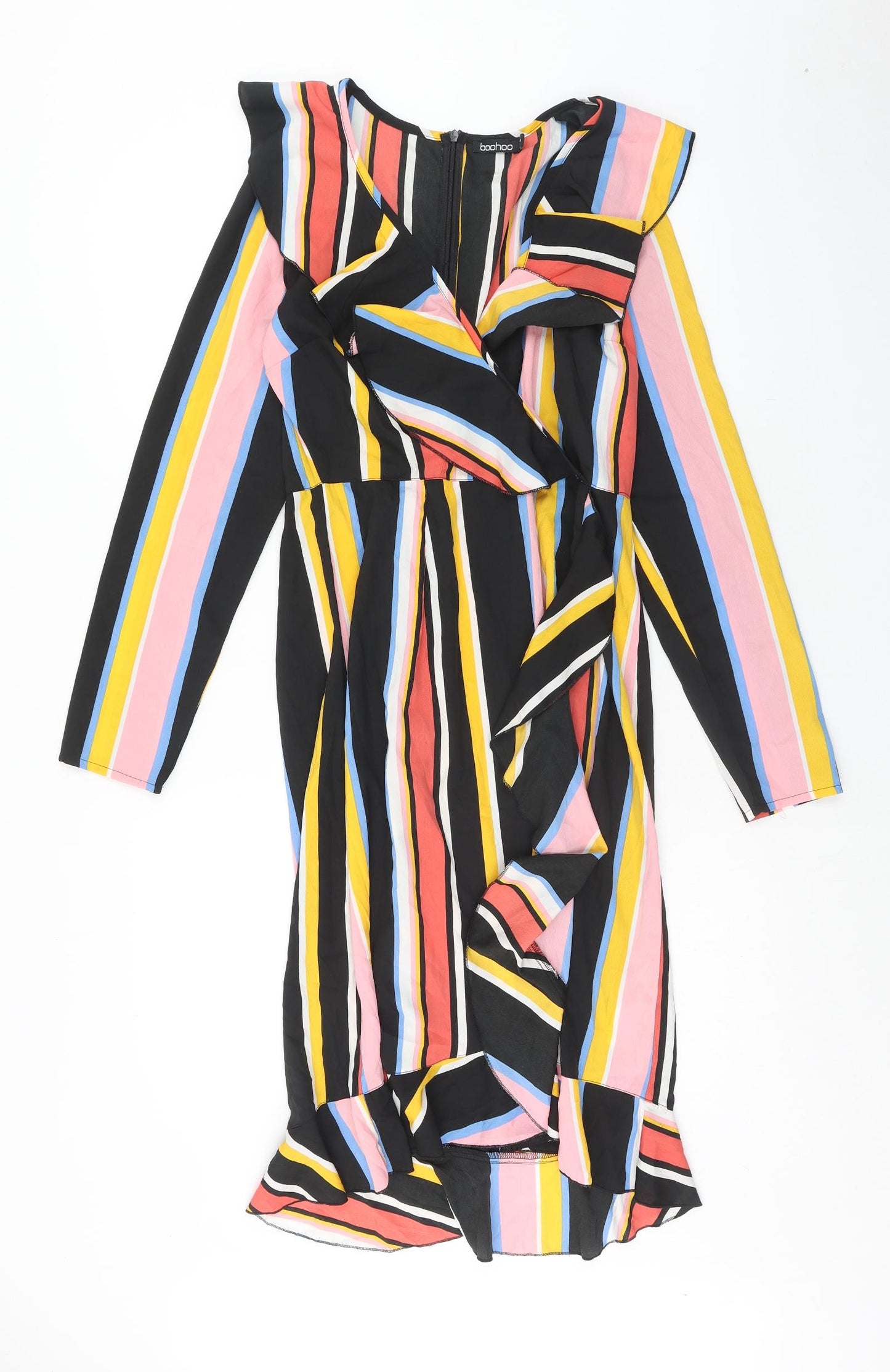 Boohoo Womens Multicoloured Striped Polyester A-Line Size 12 V-Neck Zip