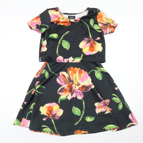 Club L Womens Black Floral Polyester Fit & Flare Size L Scoop Neck Pullover - Overlay