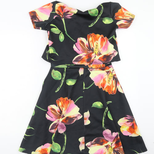 Club L Womens Black Floral Polyester Fit & Flare Size L Scoop Neck Pullover - Overlay